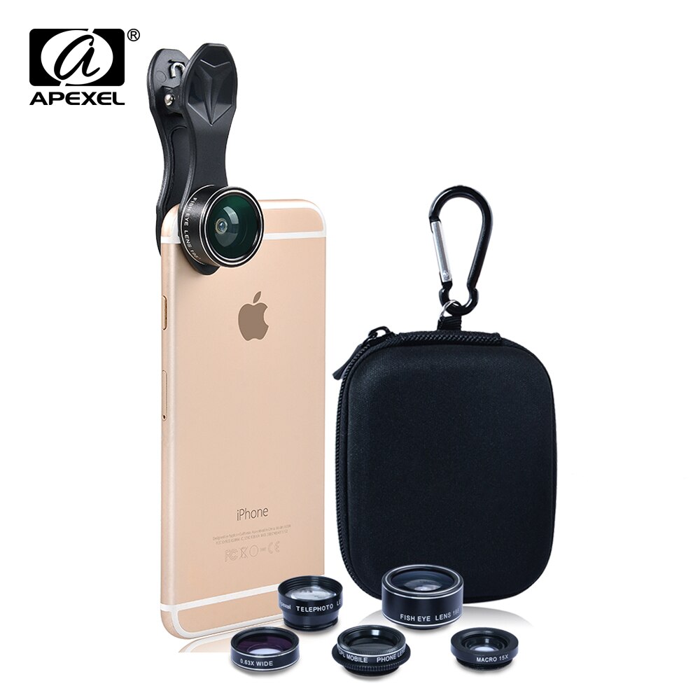 Apexel Optic Lens 198 Fisheye 150 Wide Angle &15x Macro 2X Tele CPL filter Phone Camera Clip Lens for iPhone Xiaomi Samsung DG5