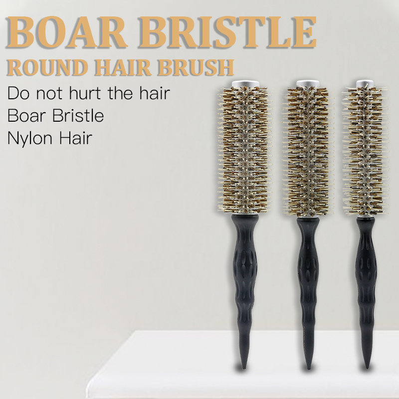 Escova redonda de cabelo profissional para salão de beleza, cerdas de javali de cerâmica, antiestática e resistente ao calor, ferramenta de estilo para cabeleireiro e barbeiro