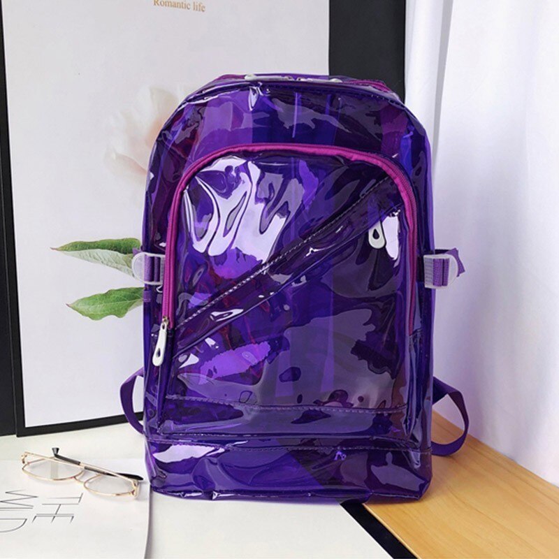 TTOU sac à dos étanche Transparent en plastique Transparent pour les adolescentes PVC sacs d'école épaules sac bonbons couleur fermeture éclair sac à dos: VIOLET