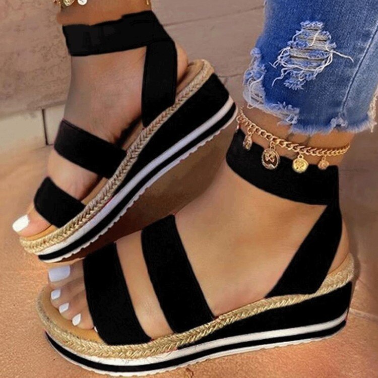 Sandales femmes compensées plate-forme couleur bonbon dames chanvre chaussures dames été décontracté sans lacet sangle croix Cool filles grande taille