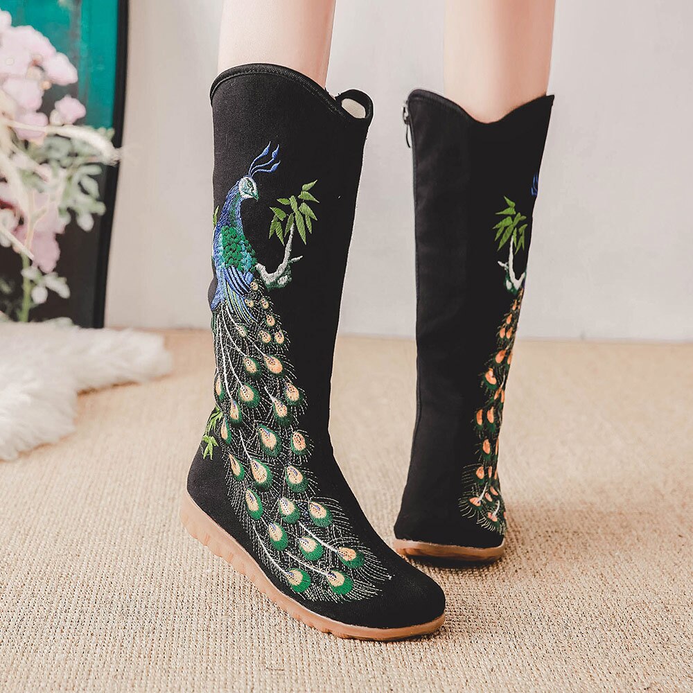 Veowalk Herfst Oude Beijing Pauw Pailletten Katoen Geborduurde Vrouw Casual Mid Laarzen Dames Platform Canvas Schoenen Botas Mujer