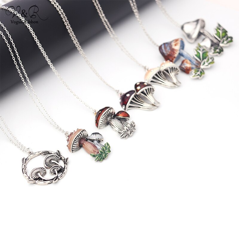 Sølvbelagt link kædehalskæde med sød emalje svampe vedhængende halskæde til kvinder charme halskæde