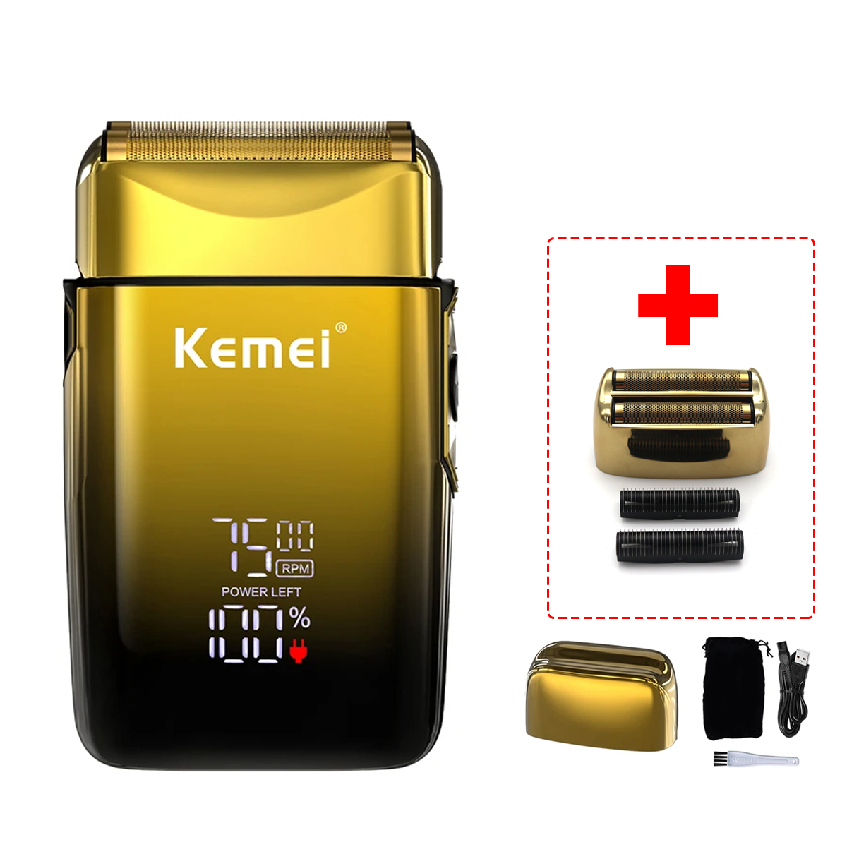 Kemei-KM-TX10 Scheermachine voor heren Dubbele foliemesjes USB Snel opladen LED-display Professionele tondeuse Haarsnijmachine: GRIJS