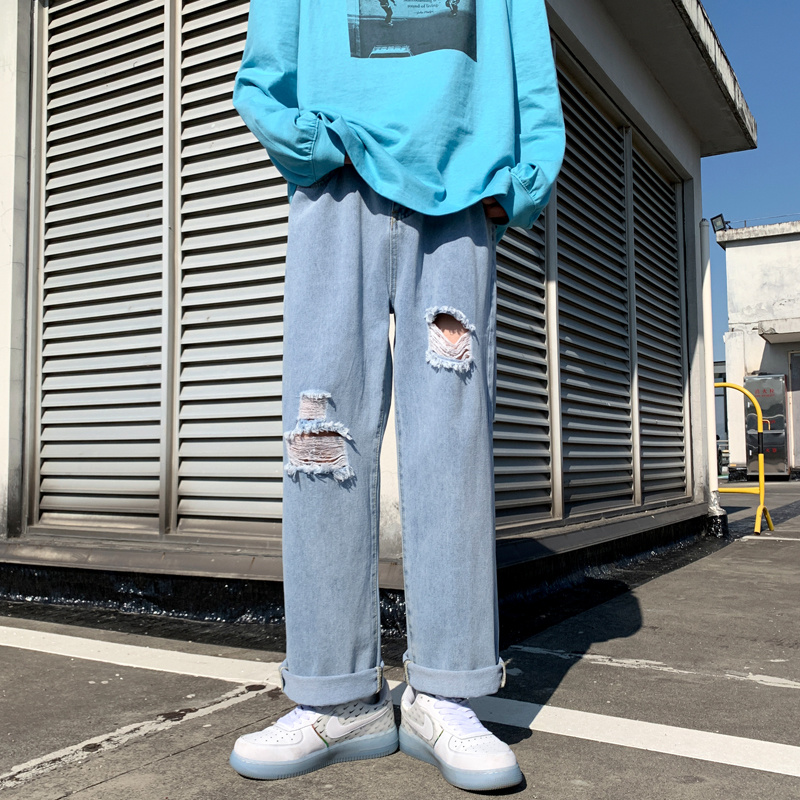 Spring Summer Blue Ripped Jeans Men Casual Straight Jeans Men Streetwear Loose Hip Hop Hole Denim Pants Mens Trousers: light Blue / S