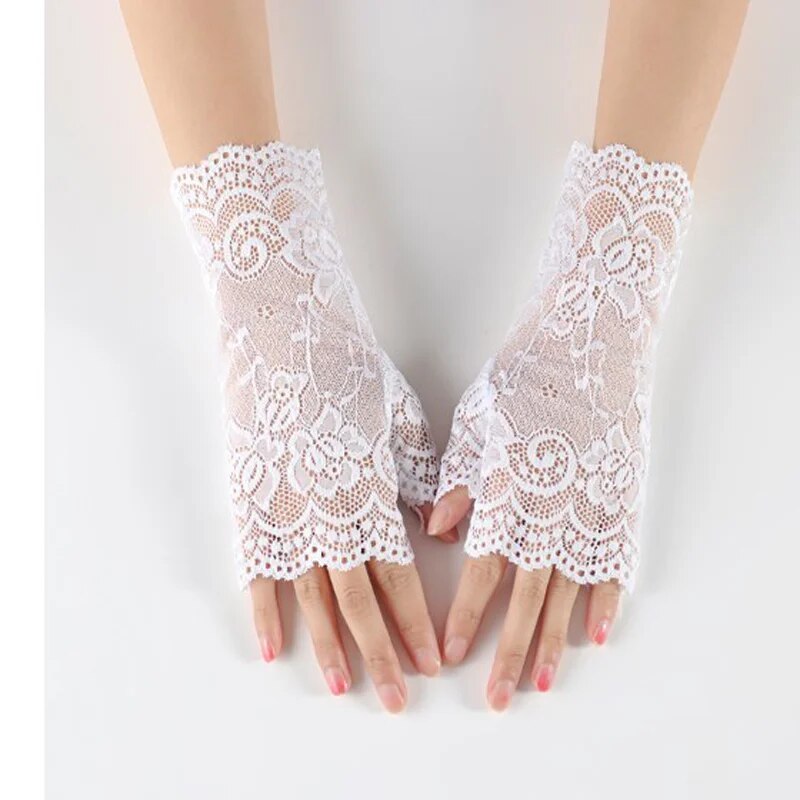 Damen-Handschuhe, kurze Spitze, halbe Finger, Spitze, Sonnenschutz, offene Finger, Zeremonie, Hochzeitsdekoration: Nickel-Freies Weiß