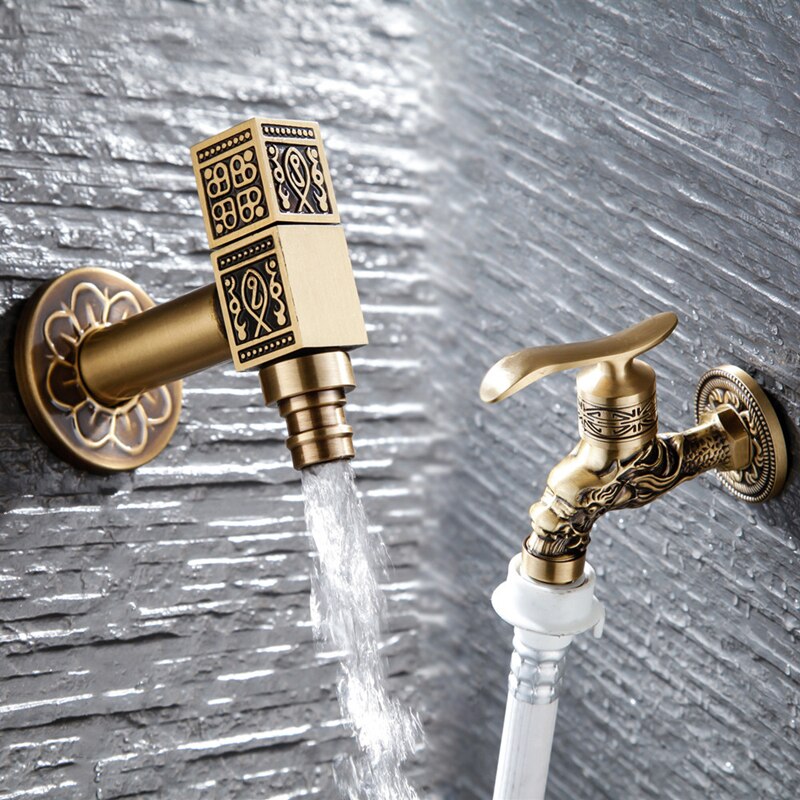 Carved Wall Mount Decorative Outdoor Garden Faucet Bibcock Brass Retro Tap Bathroom Washing Machine Mop Tap Antique WC Faucet