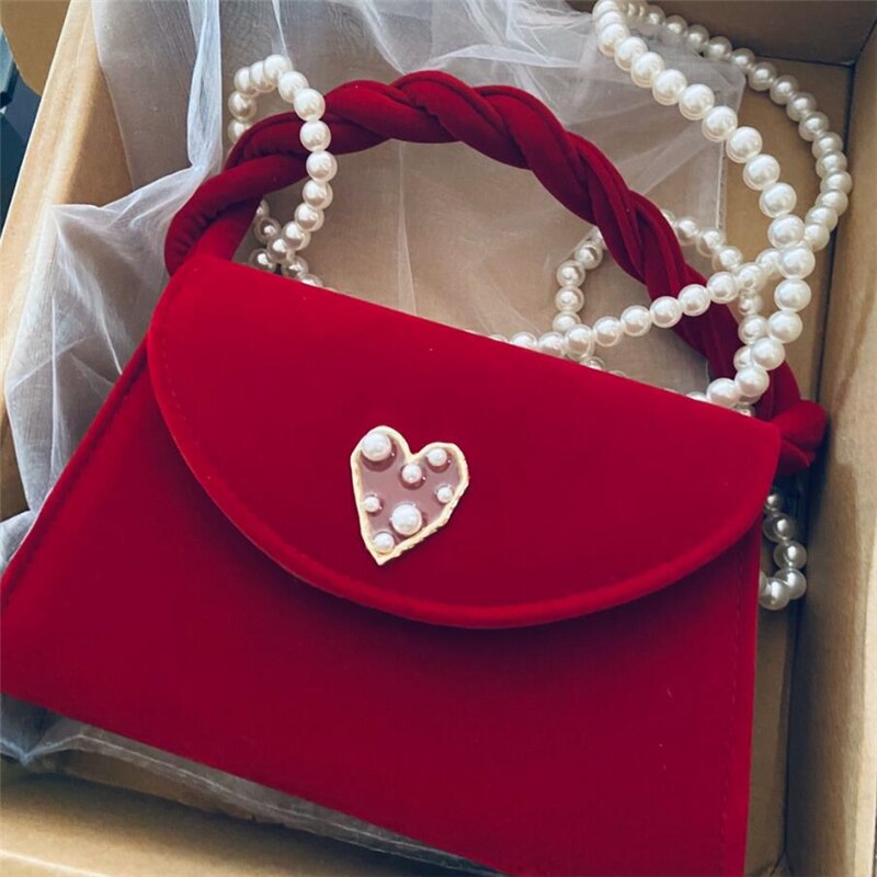 Women's Velvet Handbag - Small Size - Pearl Shoulder Strap - Vintage Style - Top Handle Bag