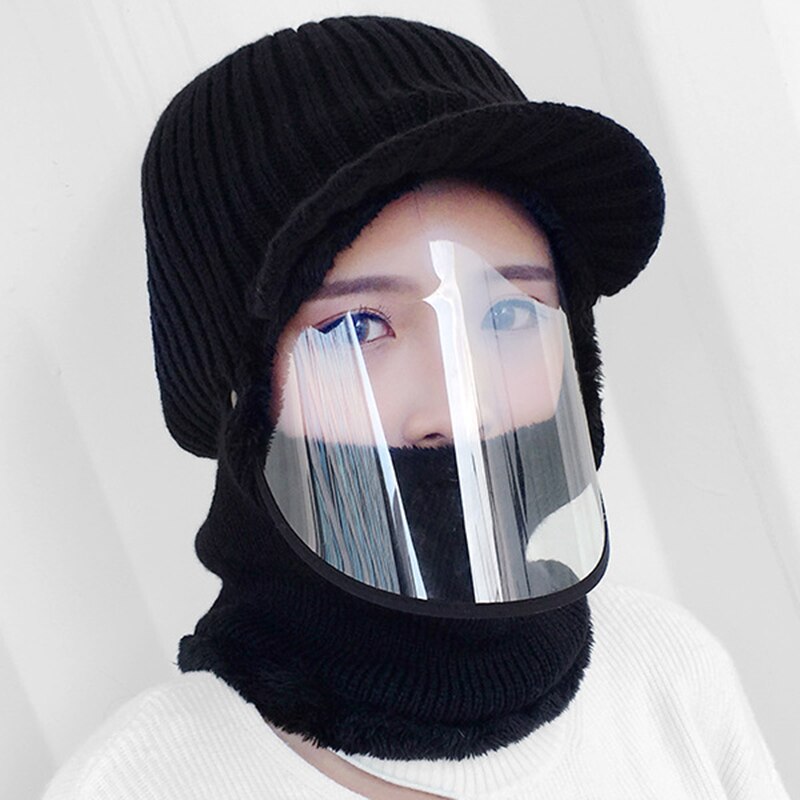 Bonnet écharpe avec masque Transparent pour femme, couvre-visage, casquette chaude, pour le sport, Halloween, hiver