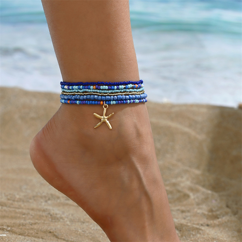 Tobillera bohemia multicapa con cuentas de arroz para mujer, tobilleras con colgante de estrella de mar a la , cadena de tobillo de playa de arena para verano, joyería en la pierna: cromo negro