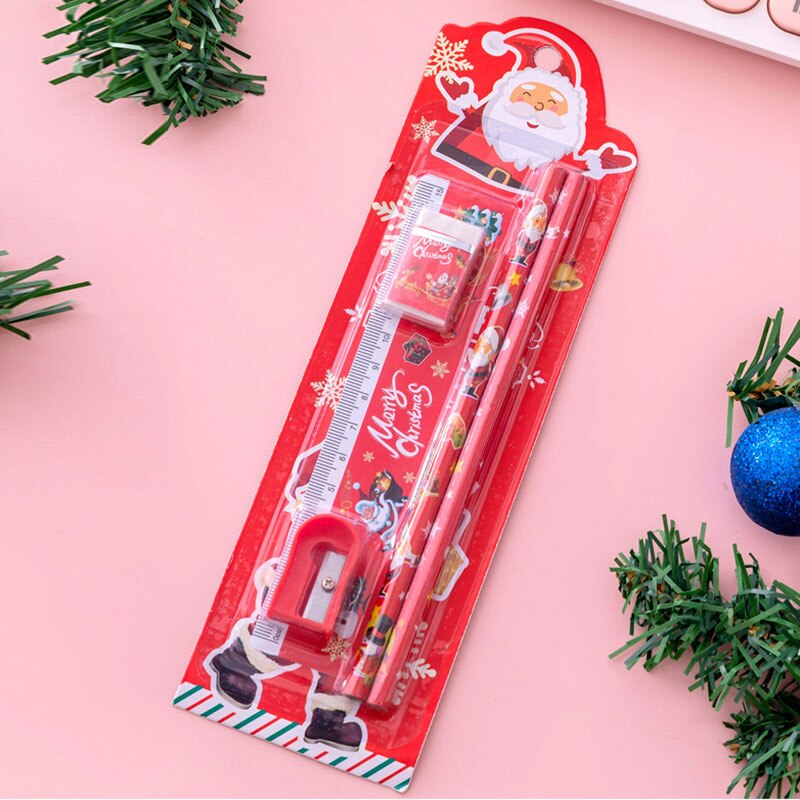 5Pcs/Set Christmas Stationery Set Cartoon Pencil Ruler Eraser Pencil Sharpener Kids Kindergarten Pupil Student School SA