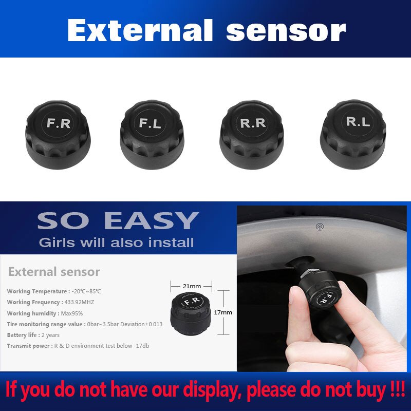 Car TPMS Tire Pressure Monitor System Automatic Brightness Control Solar Charging USB Adjustable IP67 Screen 4 External Sensor: 4 sensors