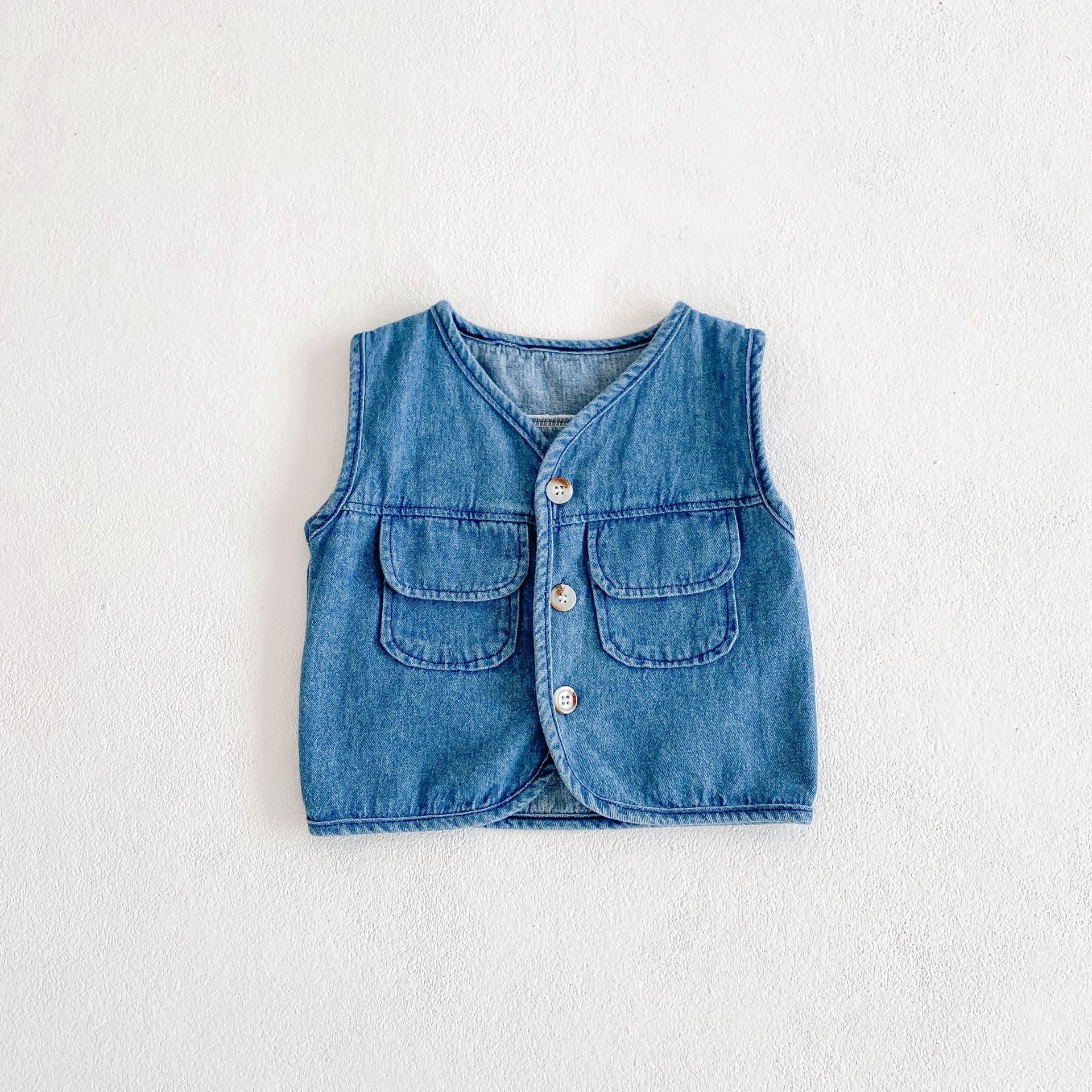 2021 autunno New Baby Boy Denim Coat gilet senza maniche giacca di jeans per ragazze con Cardigan per ragazzi a doppia tasca: blue / 3T  100cm