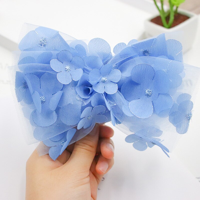Mooie 3D Opknoping Bloem Mesh Hair Bows Kleurrijke Gradient Regenboog Kleur Haar Clip Prinses Haarspelden Hairbow Haaraccessoires: Blauw
