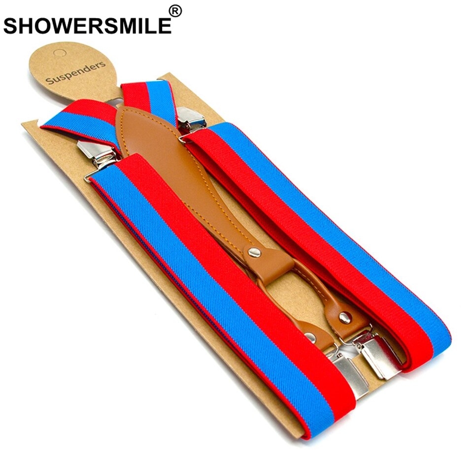 Showersmile stripe hängslen herr gröna byxbälten 3.5cm elastiska byxremmar 4 clips hängslen man gul röd blå