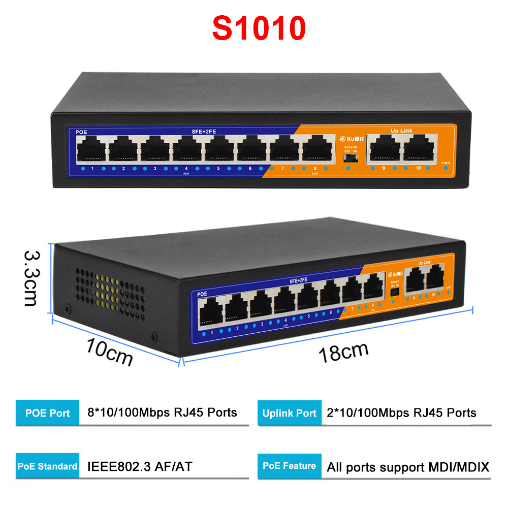 Switch Ethernet PoE KuWFi de 4/8 Portas, 2 Portas Uplink, Alcance de 250m, Não Gerenciado, Plug & Play para Câmera IP, Laboratório Doméstico, Roteador: Preto