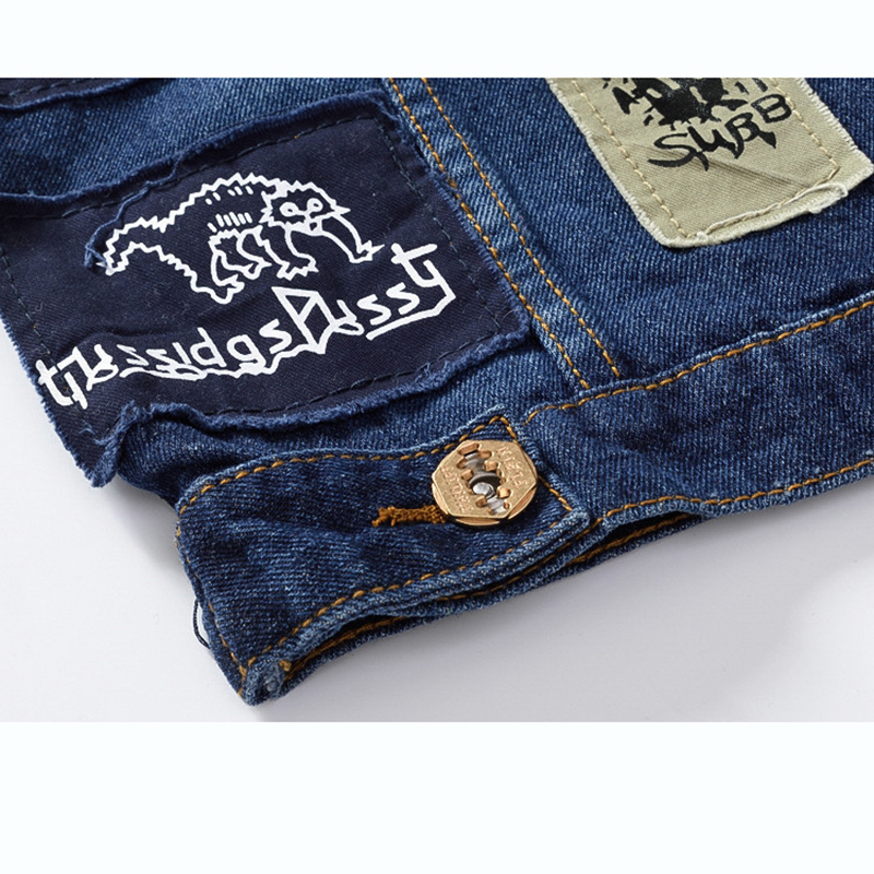 Faliza Hip Hop Mannen Patches Jeans Vest Ripped Denim Vest Mannen Denim Vest Man Mouwloos Jeans Vest Verzwakte MJ-101