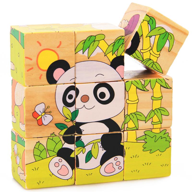 9Pcs/Set 3D Puzzle Wooden Toys Six Sides Animal Pattern Wood Cube Jigsaw Puzzles Toys for Children Educational Toys Random Send