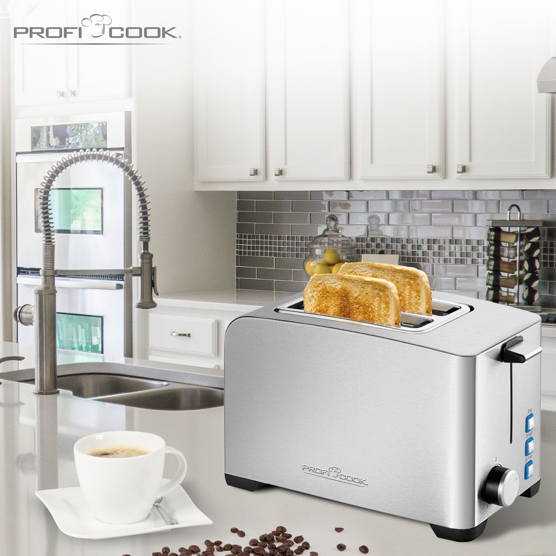 Proficook – grille-pain TA 1082, 2 fentes, 3 fonctions, rouleaux chauffants, 800 W, en acier inoxydable