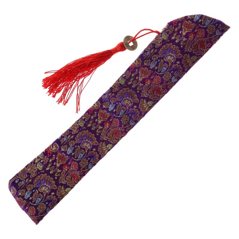 Silkefoldning kinesisk hånd fan taske med kvast støvtæt holder beskyttelsespose taske cover retro stil  e15b: Lilla