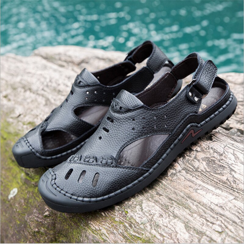 Wotte mænd sandaler split læder mænd sandaler sommer mænd kausal sko strand romerske sandalier mand udendørs sandaler sandalier