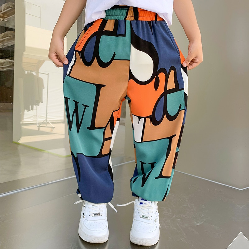 Pantaloni per bambini per ragazzi pantaloni sportivi lettere stampa estate Cool sottile stile Casual abbigliamento per ragazzi per 4 6 8 10 12 14 anni