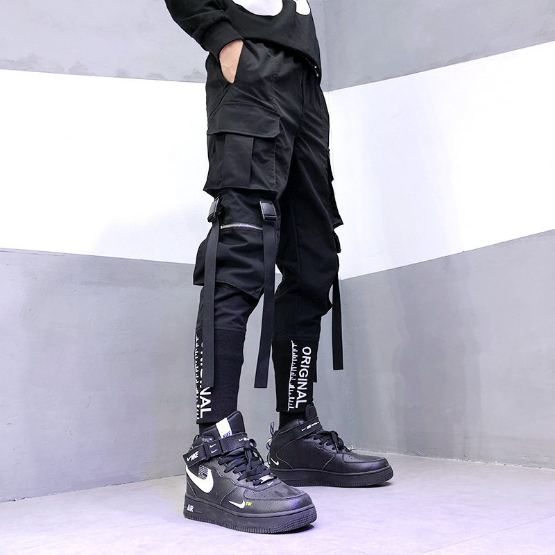 Stilig japansk harajuku streetwear bukse for menn båndlommer cargo joggers techwear menns bukser hip hop: L (vekt 55-62kg)