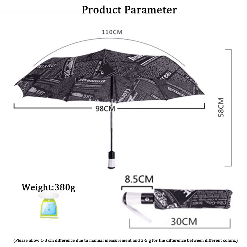 Fully Automatic Upscale Three-Folding Retro Style Printing Umbrella Black and White Newspaper Printing Sunscreen Folding Umbrell