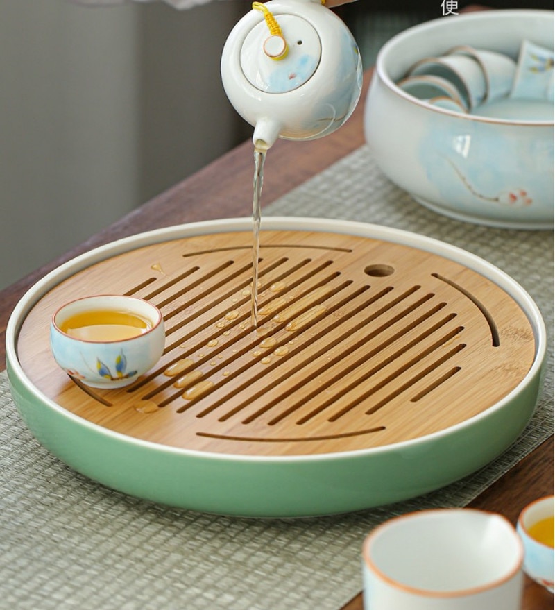 500-1800ml Tea Tray Ceramic+Bamboo Plate Water Storage Tea Table Longquan Celadon Tea Set Round Tea Saucer Tea Plate