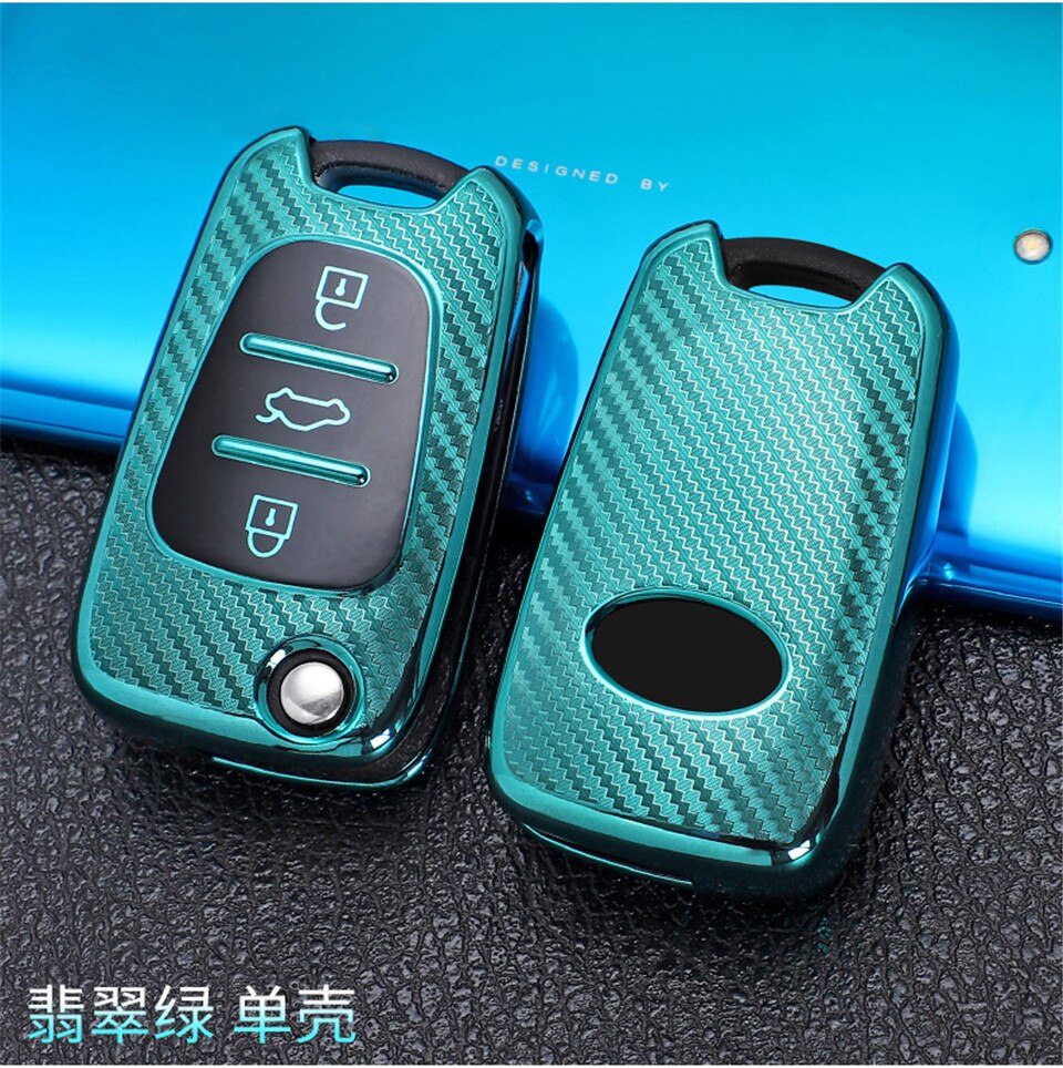 3 boutons en Fiber de carbone TPU voiture à distance clé à rabat housse coque gousset pour Hyundai I30 IX35 Verna pour KIA Sportage Sorento Rondo Soul RIO: Green