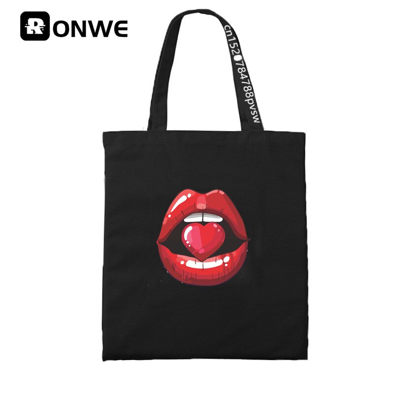 Grappig Lippen Vrouwen Print Herbruikbare Winkelen Canvas Tas Meisje Tote Eco Harajuku Shopper Schoudertassen,: T190Y-Black