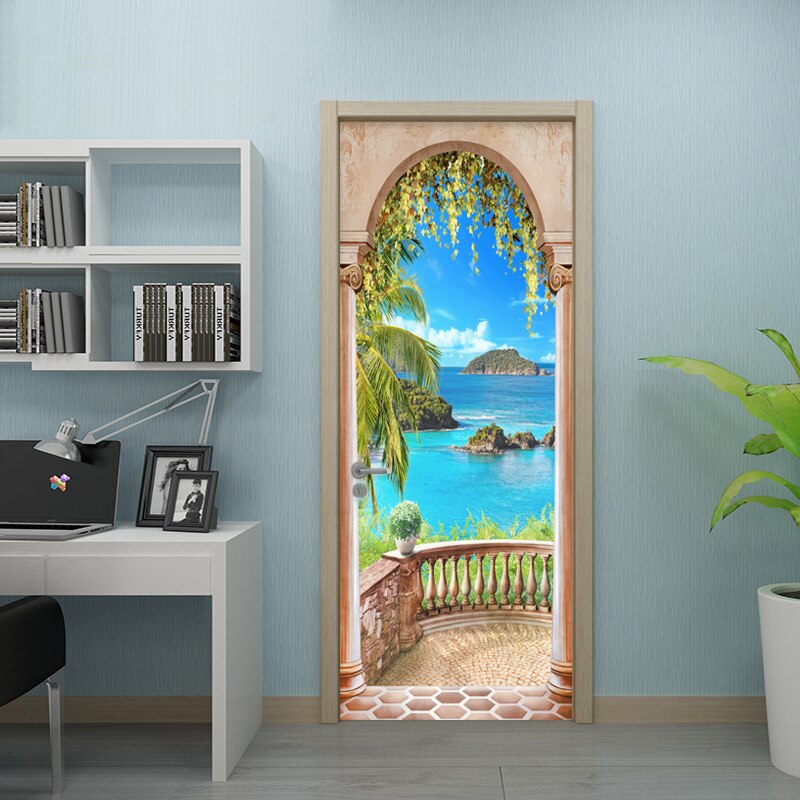 Pegatina de decoración de Puerta del hogar 3D foto de la playa Mural papel pintado sala de estar dormitorio PVC autoadhesivo impermeable pegatinas creativas DIY