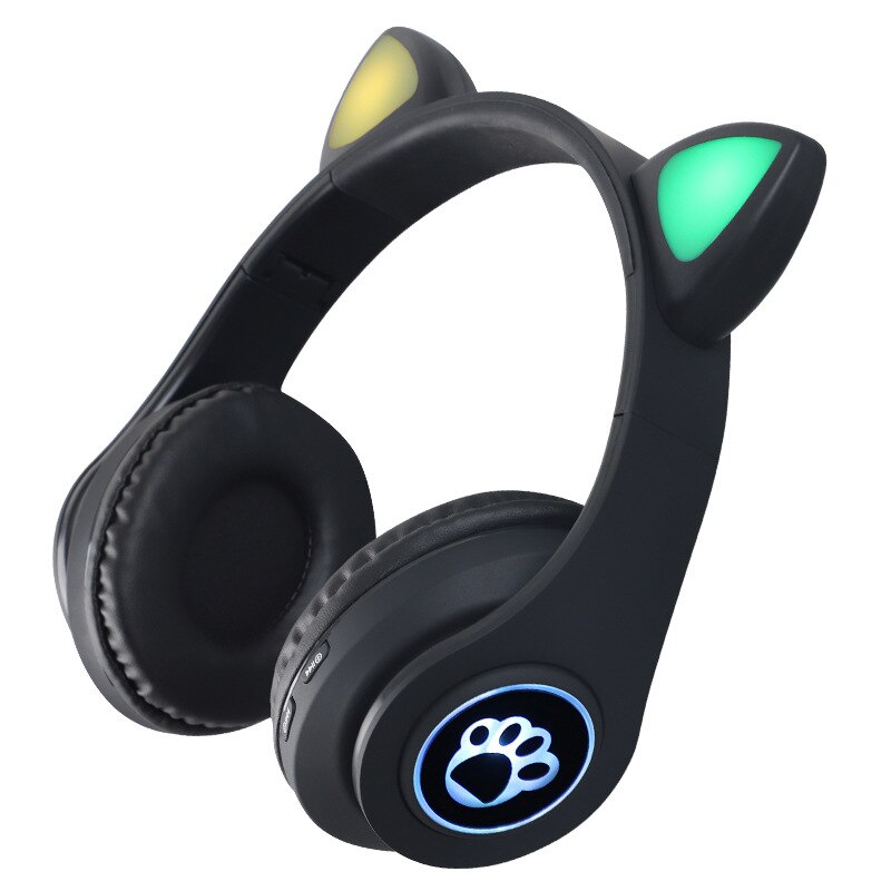 Flash Light Cute Cat Ears Bluetooth Wireless Headphone with Mic Can control LED Kid Girl Stereo Music Helmet Phone Headset: Black