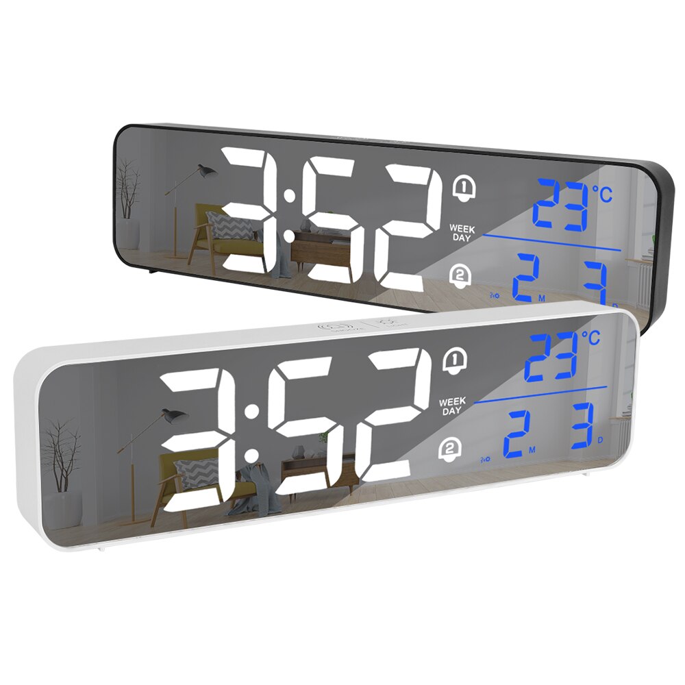 Electronic Desktop Mirror Clock Temperature Date Display Time Snooze Digital Alarm Clock with Voice Control Smart Music LED