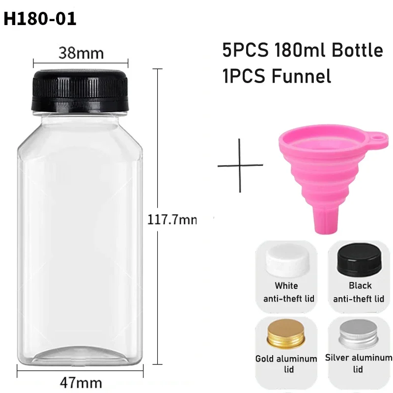 5 uds 60-500ML botellas de plástico transparentes vacías con tapas con embudo plegable contenedores de botellas de agua reutilizables para batidos de jugo DIY: Caqui oscuro / 60 ml