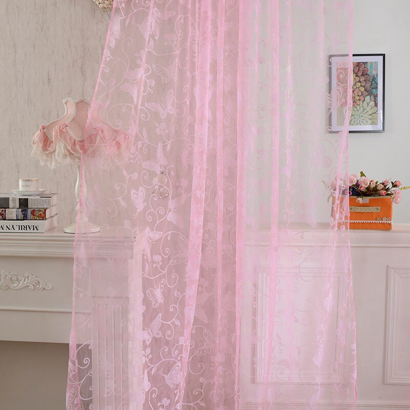 Cortina flocada para ventana, flores y mariposas con estampado de mosquitera, gasa de Color sólido, cortinas duraderas de para el hogar, Hotel y oficina: Pink