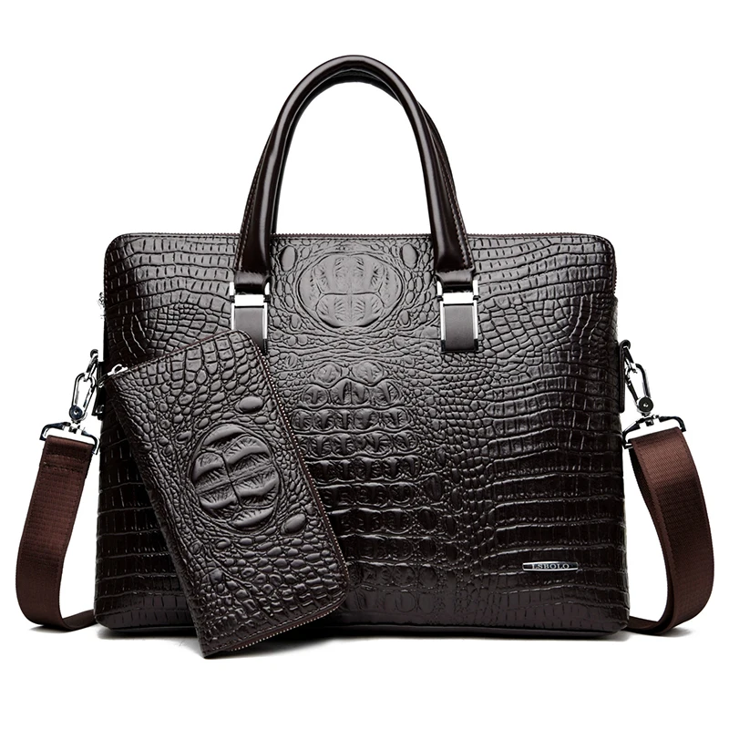 Briefcase Bag for Man PU Leather Crocodile Tote Handbag Laptop 14 Male Shoulder Business Messenger Crossbody Side WT201