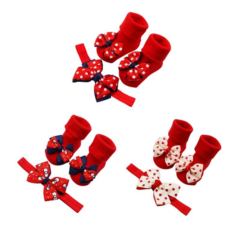 Chaussettes en coton antidérapantes pour bébés filles, 0-1T, ensemble de chaussettes mignonnes pour bébés filles, à Double couche avec nœud, avec bandeau pour cheveux