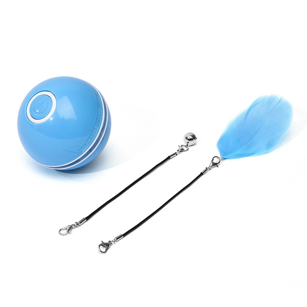 Juguete interactivo para gatos con carga USB, bola giratoria automática, juguete de plumas, LED/campana integrada: Azul