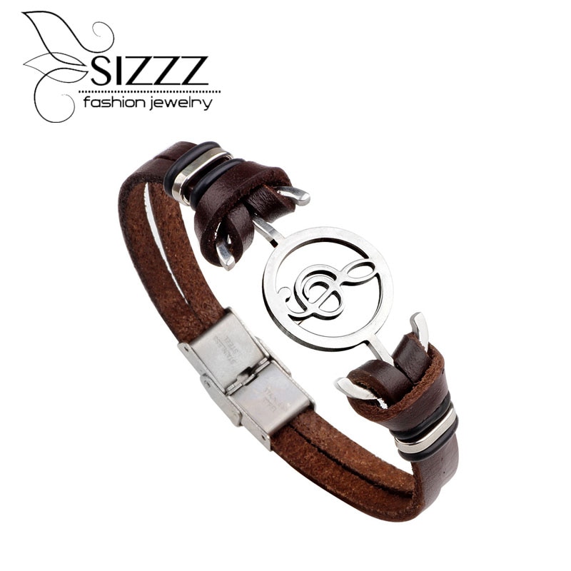 SIZZZ 22 cm Lange Retro Mode mannen Armband Muzieknoten Rvs Lederen Armband Voor Mannen