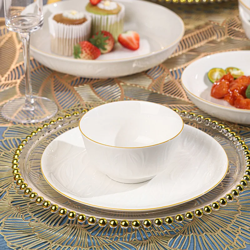 Pure White Ceramic Tableware Relief Golden Edge Fruit Vegetable Plate Easy-to-clean Rice Bowl Kitchen Tableware
