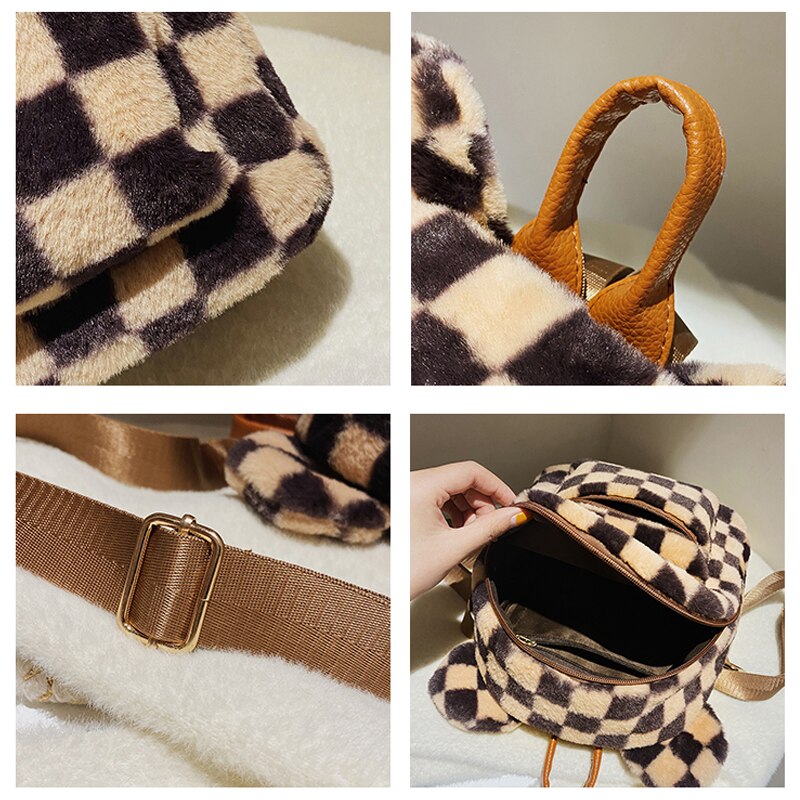 Mini zaino soffice a scacchi per donna 2021 orecchie di orso zaino in peluche scacchiera borsa con spalle in pelliccia zaino peloso scozzese Kawaii