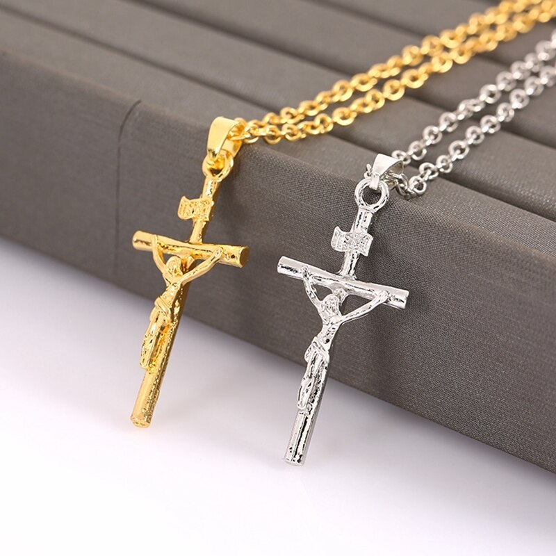 Religiös kristen gud kors krucifix hänge halsband för män kvinnor guld/slimpläterad jesus länkkedja smycken