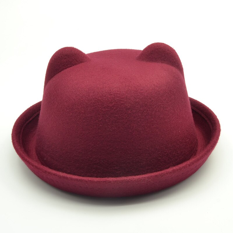Cute child bowler hat wool felt Fedora hats for Women Girls Children solid Cat Ear formal cap trilby Sombrero Derby: Auburn