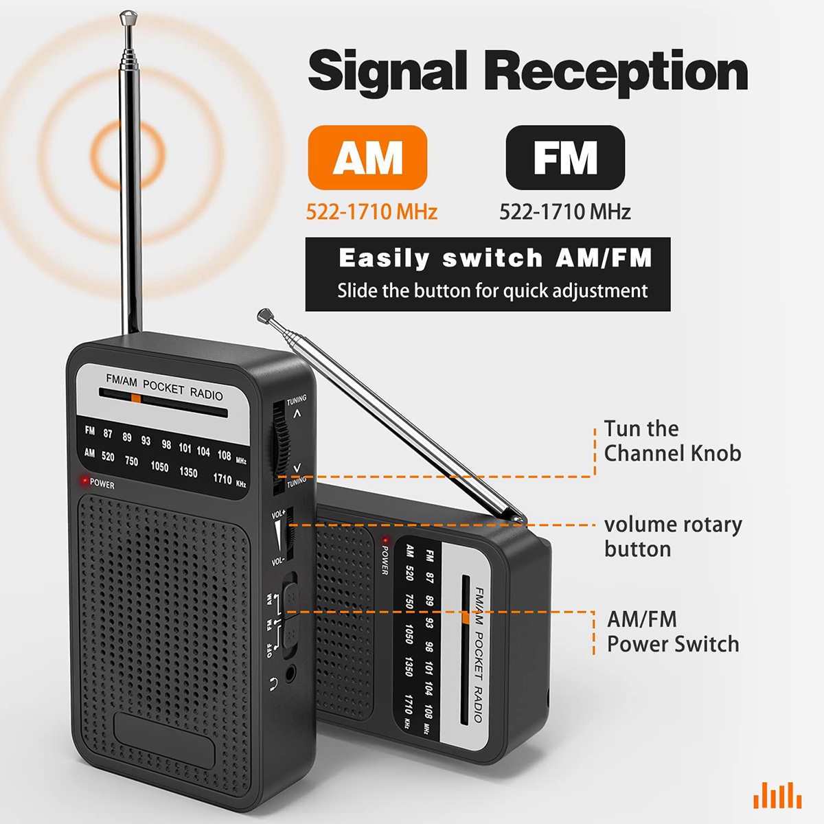 Am fm fickradio, transistorradio med högtalare, hörlursuttag, bärbar radio för inomhus- och utomhusbruk