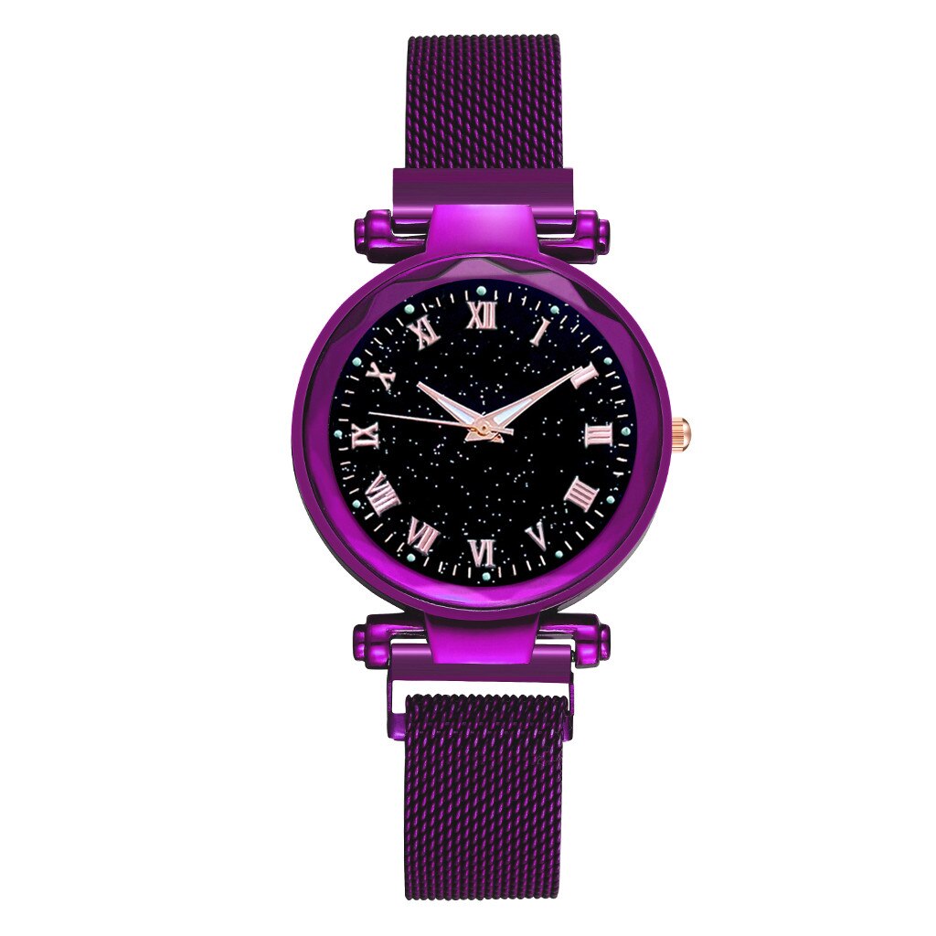 Vrouwen Horloge Luxe Starry Dial Crystal Rvs Mesh Magnetische Riem Dames Quartz Horloge Vrouwen Lichtgevende Handen Horloges: Purple