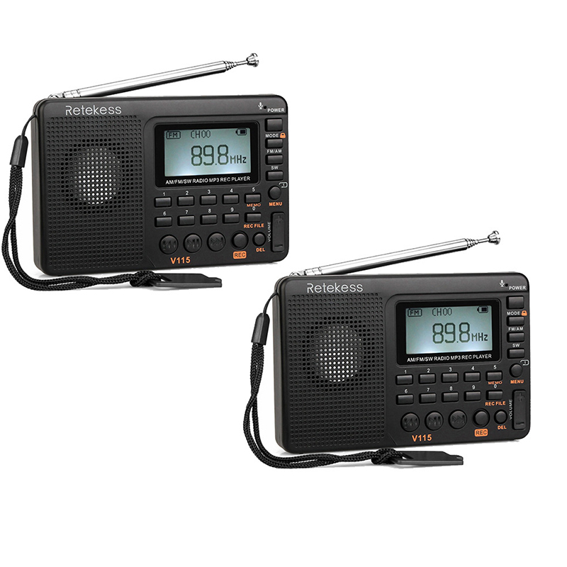 2Pcs Retekess V115 Fm/Am/Sw Radio Multiband Radio Ontvanger Bass Sound MP3 Speler Recorder Draagbare Radio met Sleep Timer F9205: Default Title