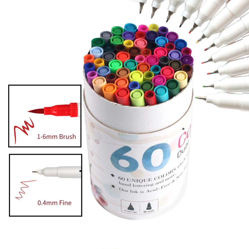 60 Kleuren Dual Tip Art Marker Pen Aquarel Markers Pen Tekening Fine Liner Schilderen Borstel Kalligrafie Schetsen Schoolbenodigdheden