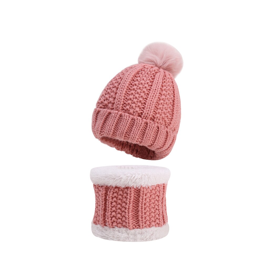 Conjunto de gorro y bufanda de punto para niños y niñas, gorros gruesos de Cachemira de ganchillo, Bola de pompón cálido para invierno, TD436: pink