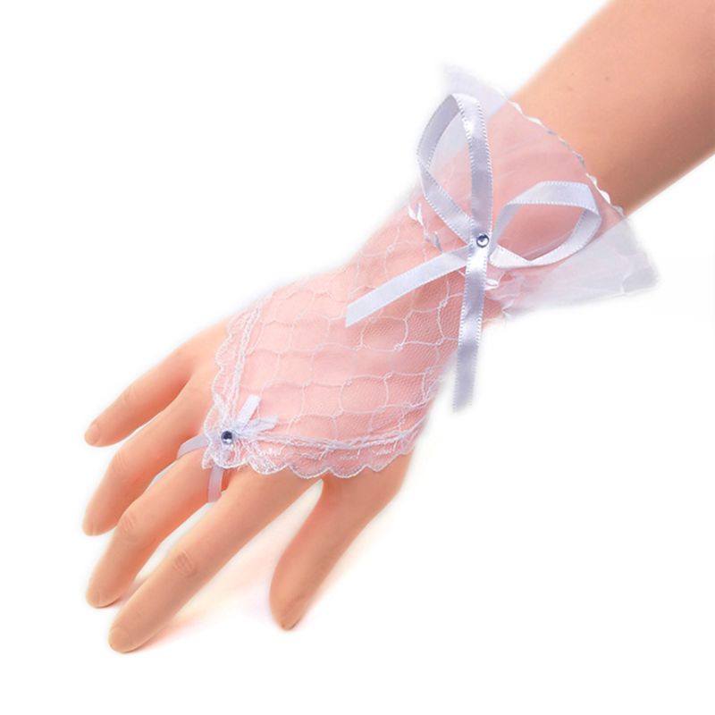 Bridal Wedding Short Fingerless Gloves Rhinestone Bowknot Sheer Lace Mittens