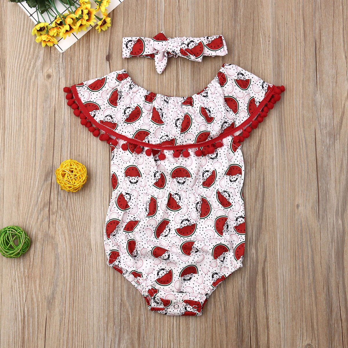 Bebis sommarkläder småbarn bebis flicka vattenmelon bodysuits kläder tofs jumpsuits pannband 2 st outfit soldräkt 0-3t